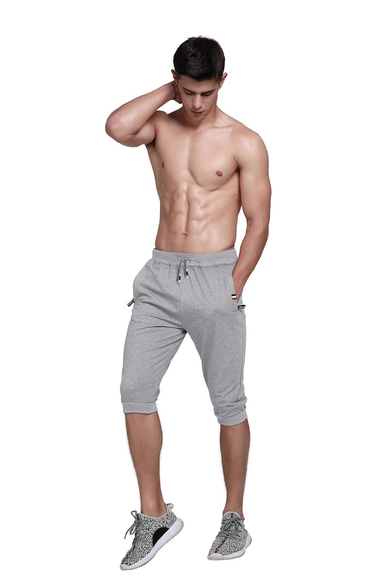 YSENTO Men's Cotton Casual 3/4 Jogger Running Capri Pants Below Knee Gym Workout Shorts Zipper Pockets Light Grey 34 - Image 3